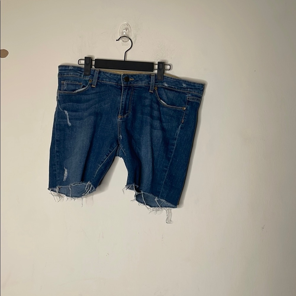 PAIGE Blue and Tan Jean Shorts Raw Hem